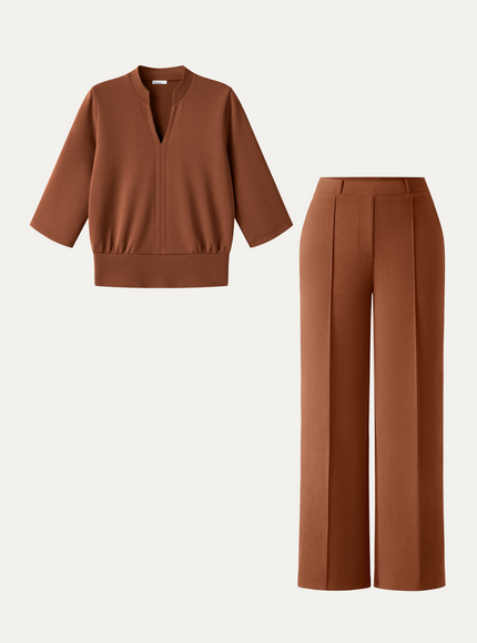 2Pcs Set V-Neck Elbow Sleeve Top & Mid Rise Straight Leg Pants with Pockets