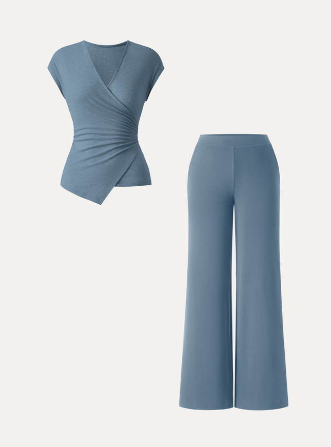 2Pcs Set Lyocell Wool Surplice Cap Sleeve Top & Mid Rise Wide Leg Pants with Pockets