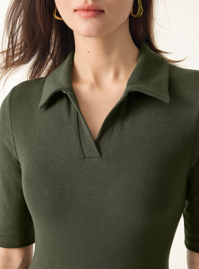 Polo Neck Elbow Length Sleeve Midi Built-In Bra Dress with Pockets