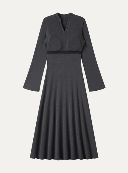 V-Neck Long Sleeve Flowy Midi Built-In Bra Dress