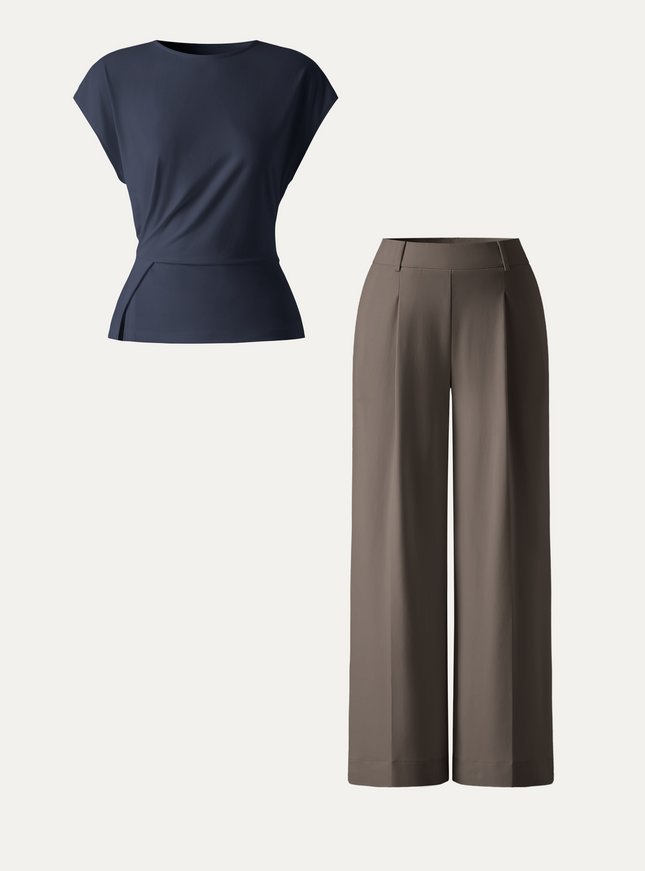 2Pcs Set Round Neck Tucked Top & Wide Leg The Success Pants