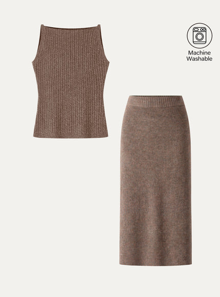 2Pcs Set Merino-Blend Sleeveless Sweater Tank & Merino-Blend Knit Skirt