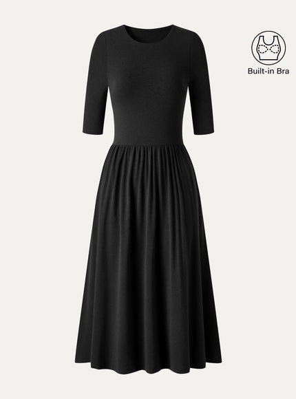 Round Neck Fit-and-Flare Midi Built-In Bra Dress with Pockets