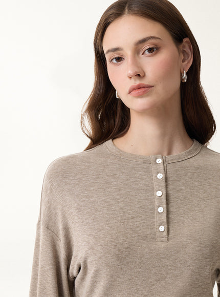 Slub Ribbed Henley Neck Batwing Sleeve Close-Fit Hem Top
