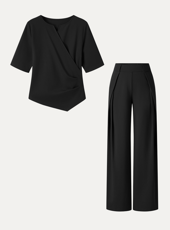 2Pcs Set Surplice Elbow Sleeve Top & Mid-Rise Wide-Leg Tuck Pants with Pockets