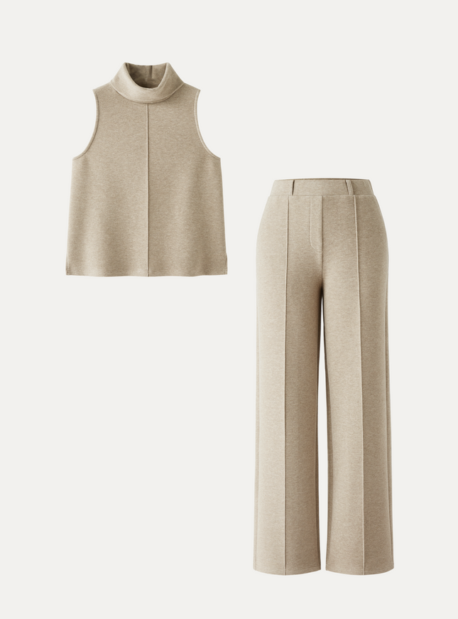 2Pcs Set Tall Turtle Neck Split Hem Top & High Waisted Warm Straight Leg Pull On Pant