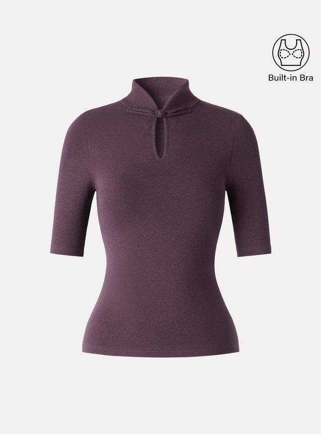 Teardrop Neck Elbow Sleeve Built-In Bra Top