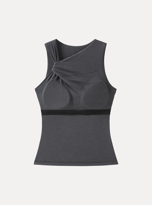 Sweat-Wicking Asymmetrical Neck Knotted Built-In Bra Tank