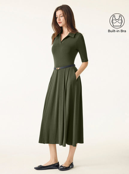 Polo Neck Elbow Length Sleeve Midi Built-In Bra Dress with Pockets