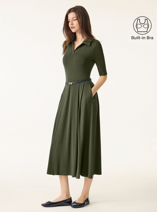 Polo Neck Elbow Length Sleeve Midi Built-In Bra Dress with Pockets