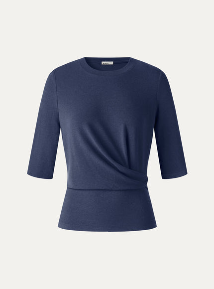 Round Neck Elbow Sleeve Side-Tuck Top