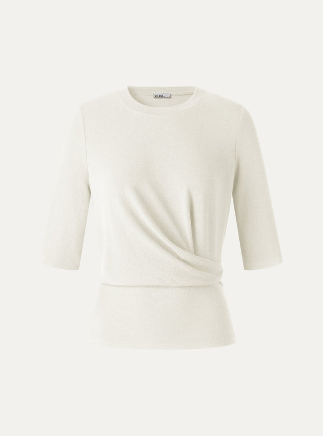 Round Neck Elbow Sleeve Side-Tuck Top