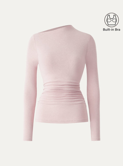Slanted Mockneck Ruched Built-In Bra Top
