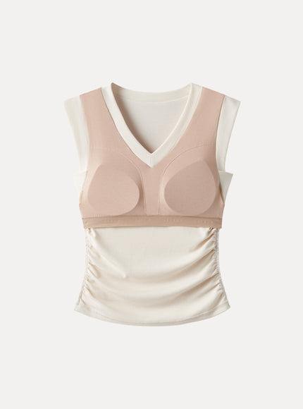 Stretch Cotton V-neck Side Ruched Muscle Built-In Bra Top