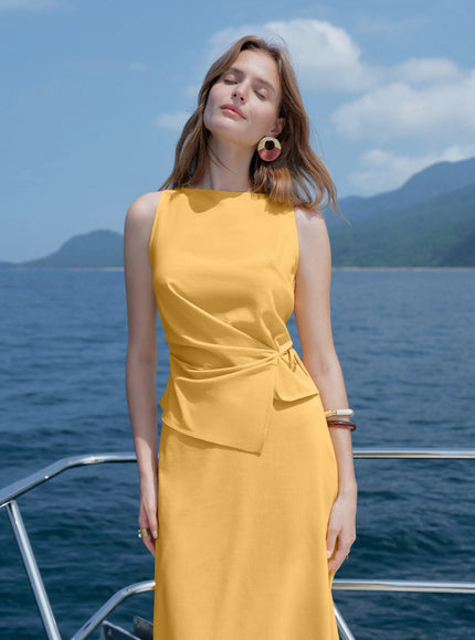 Lyocell-Linen Blend Boatneck Waist-Defined Top