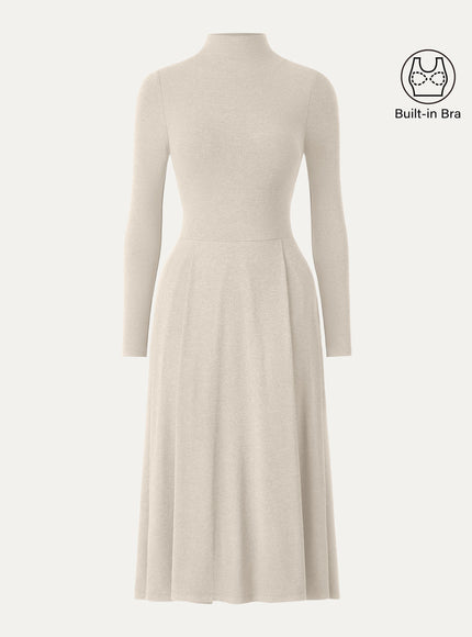 Mockneck Pleated Midi Built-In Bra Dress with Pockets
