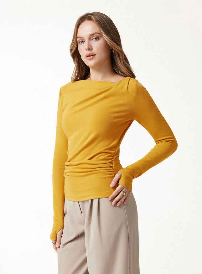 Asymmetrical Neck Long Sleeve Ruched Top