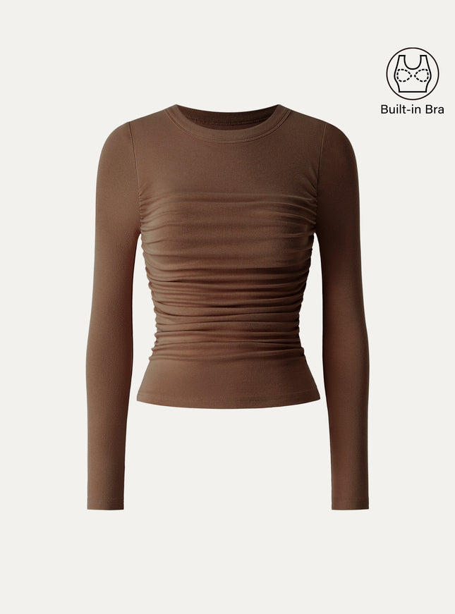 Roundneck Long Sleeve Ruched Built-In Bra Top