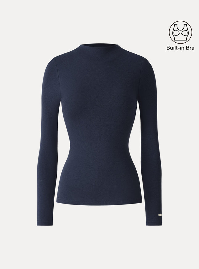Mockneck Long Sleeve Built-In Bra Top - Forest Night