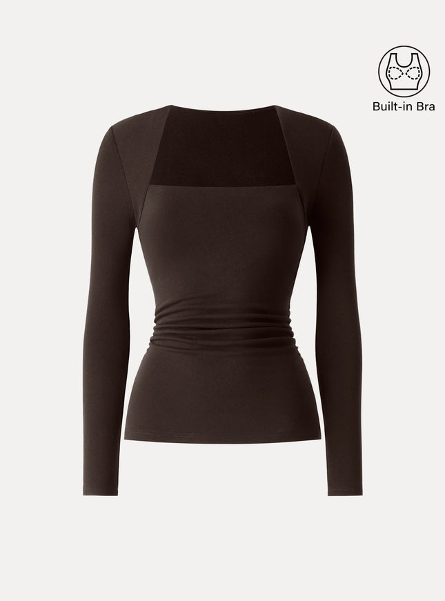 Trapeze Neck Long Sleeve Ruched Built-In Bra Top - Espresso Shut