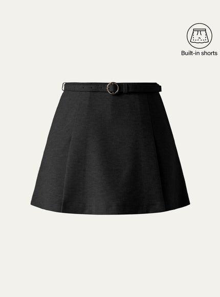 Viscose-Wool Blend High-Rise Belted A-Line Skort with Pockets