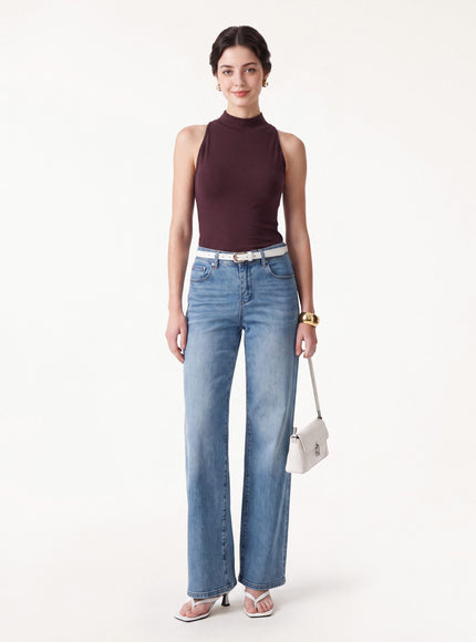 Lyocell-Wool Knit Mock Neck Built-In Bra Top