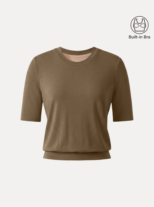 Lyocell Wool Crewneck Built-In Bra Top with Banded Hem
