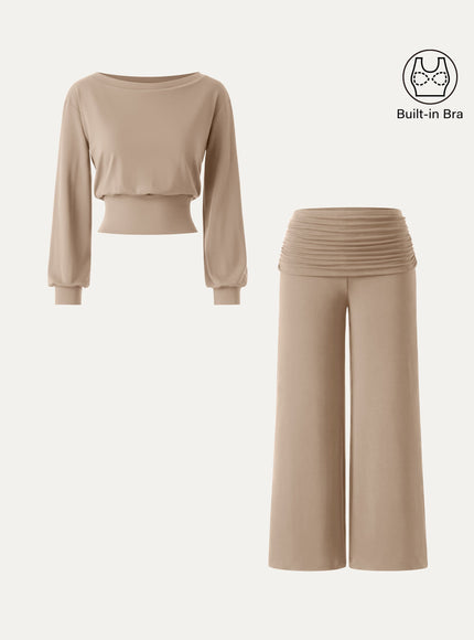 2Pcs Set Boatneck Built-In Bra & Drapey Wide Leg Pull-on Pants with Pockets