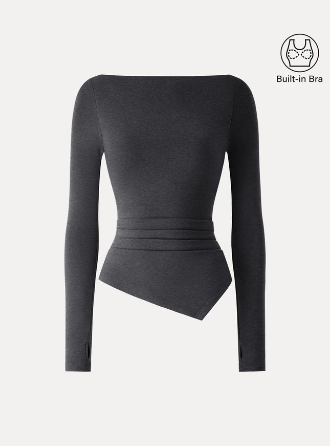 Boatneck Side Tucks Asymmetrical Built-In Bra Top