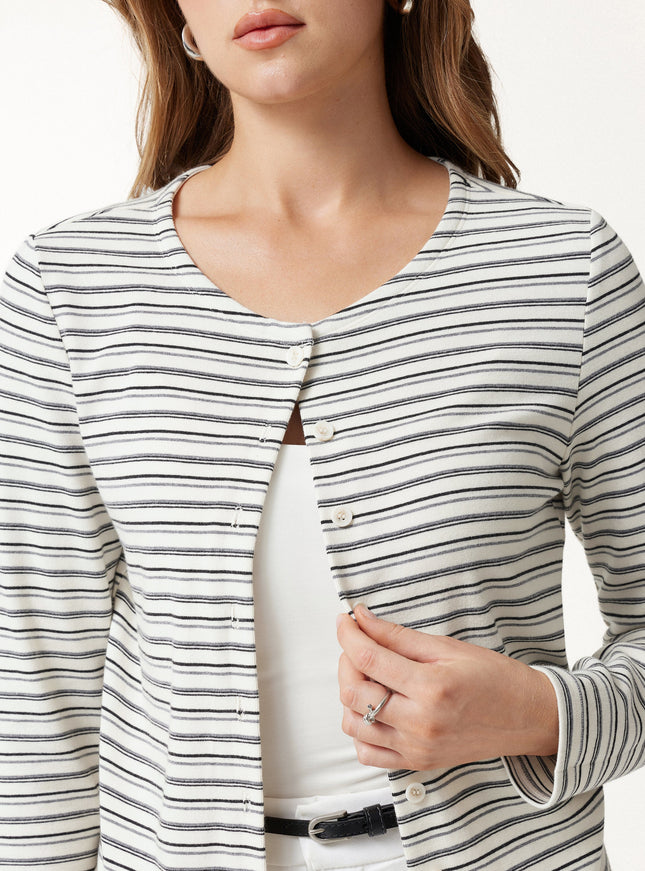 Stripe Round Neck Long Sleeve Button-Up Cardigan