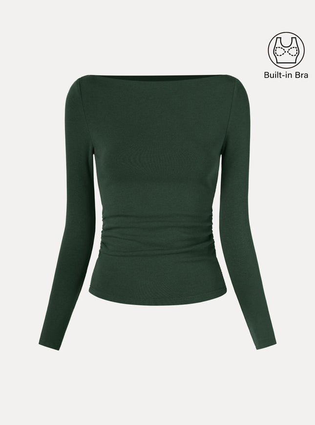Modern Side Ruched Boatneck Built-In Bra Top