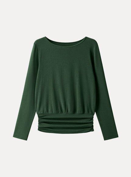 Boatneck Long Sleeve Ruched Banded Hem Top