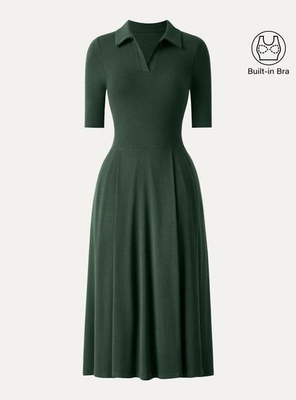 Polo Neck Elbow Length Sleeve Midi Built-In Bra Dress with Pockets