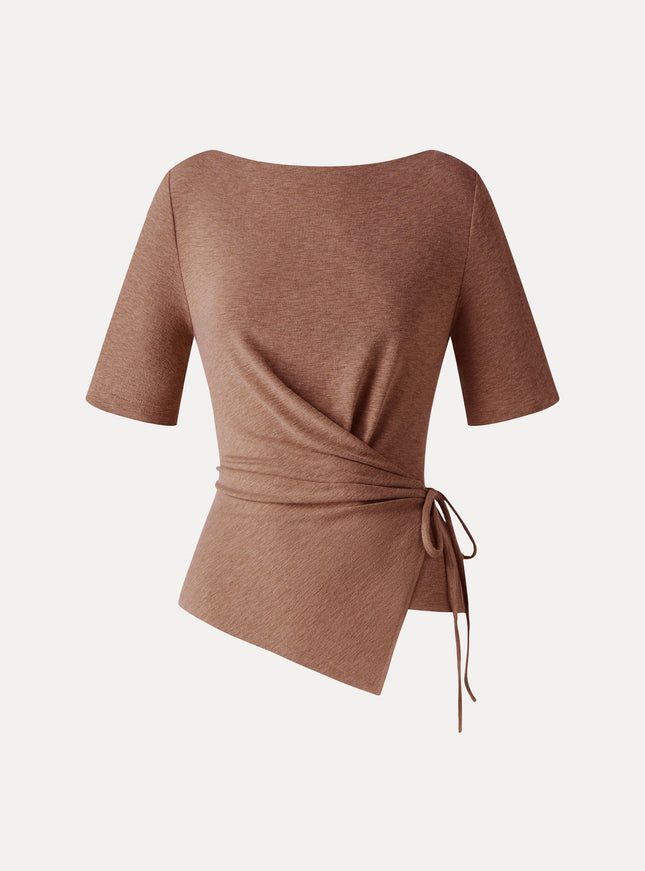 Slash Neck Short Sleeve Tie-Side Top