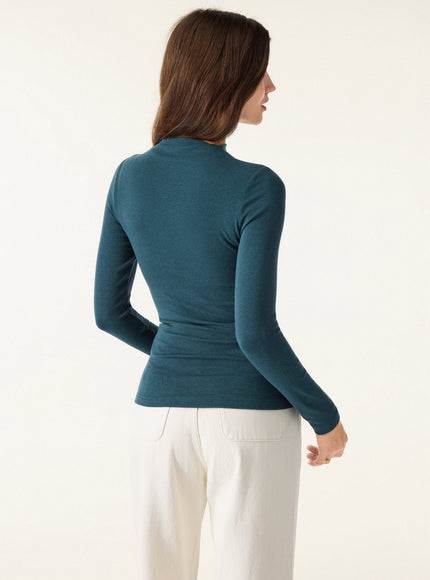 Mockneck Long Sleeve Built-In Bra Top - Forest Night
