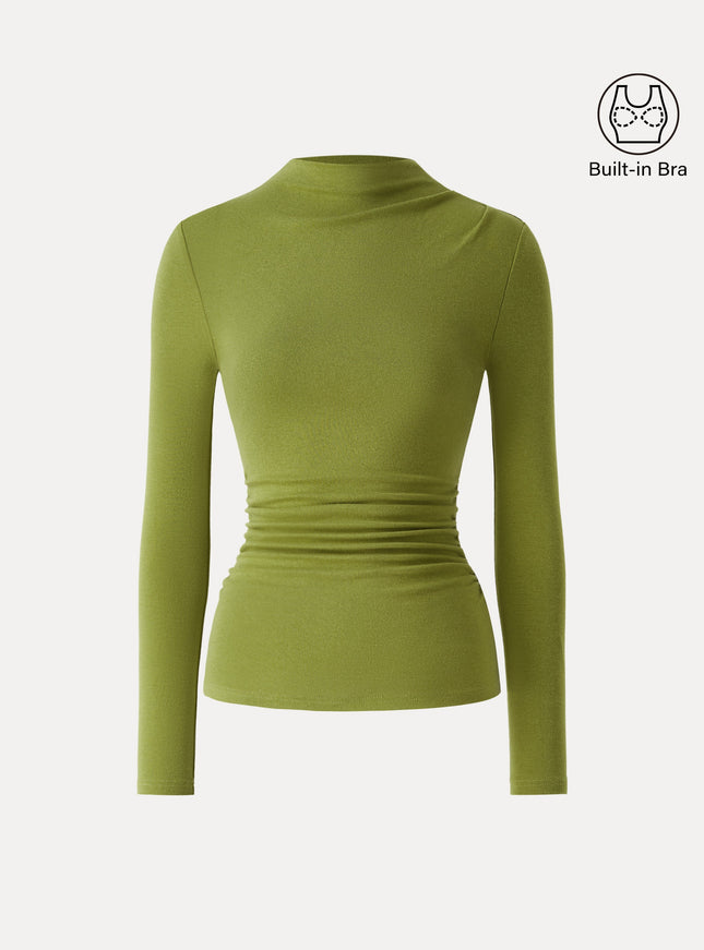 Mock Neck Long Sleeve Ruched Built-In Bra Top