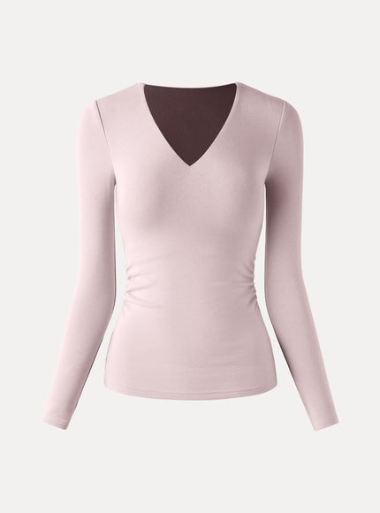 V-Neck Long Sleeve Side-Tuck Built-In Bra Top