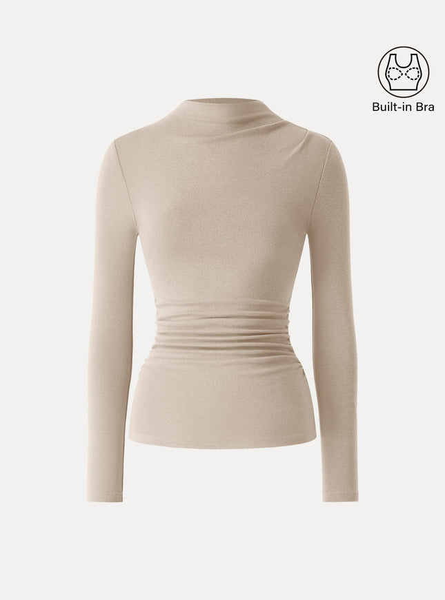 Mock Neck Long Sleeve Ruched Built-In Bra Top