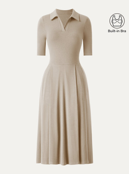 Polo Neck Elbow Length Sleeve Midi Built-In Bra Dress with Pockets