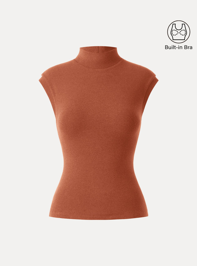 Stretch Cotton Mock Neck Cap Sleeve Built-In Bra Top