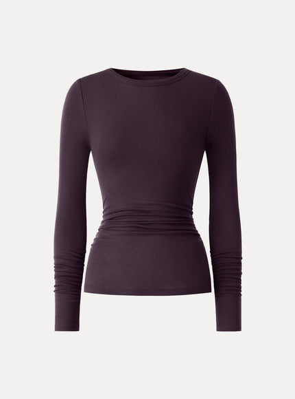 Lyocell-Wool Round Neck Long Sleeve Ruched Top