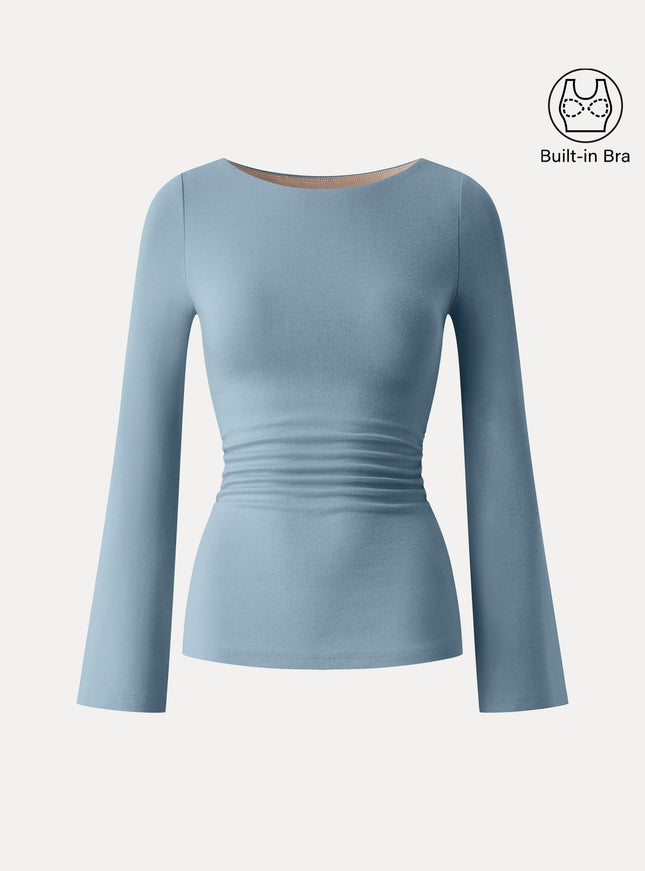 Round Neck Bell Sleeve Ruched Built-In Bra Top