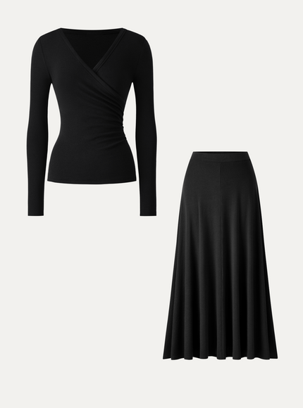 2Pcs Set Surplice Ruched Top & Blend Mid-Rise Umbrella Maxi Skirt