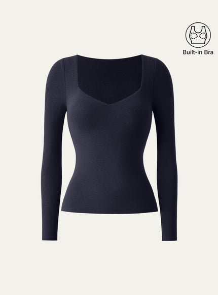 Diamond Neck Long Sleeve Built-In Bra Top