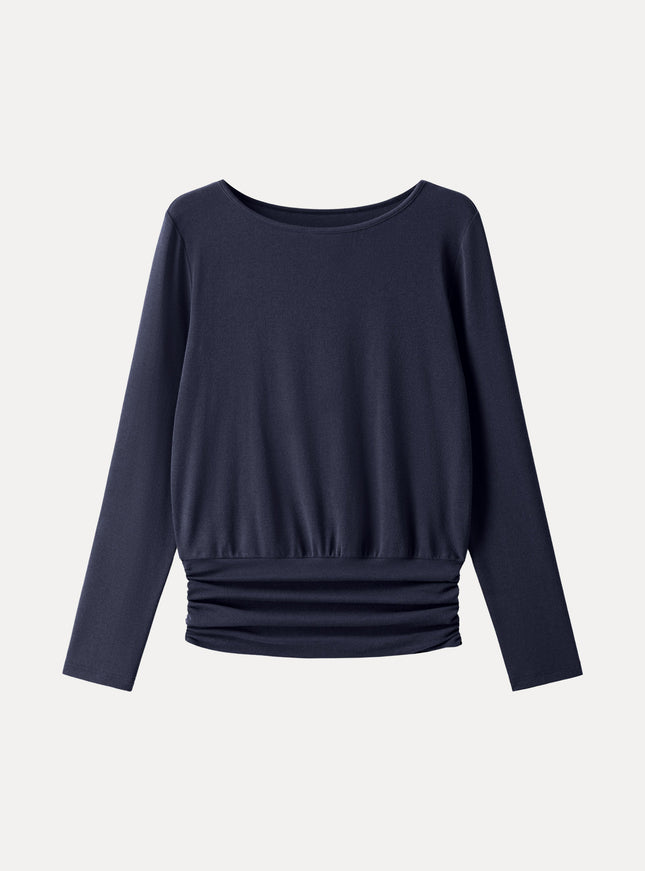 Boatneck Long Sleeve Ruched Banded Hem Top
