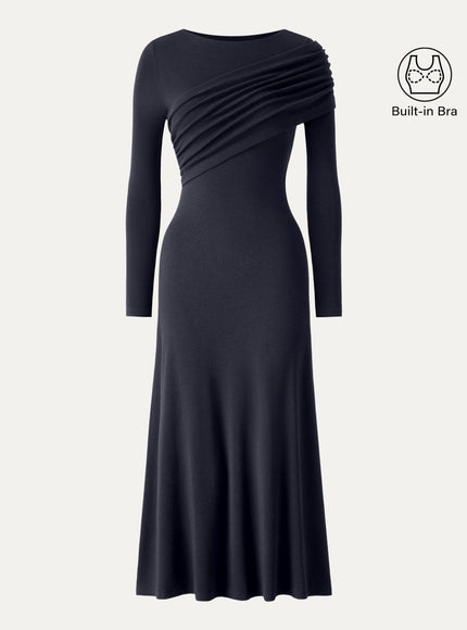 Boatneck Ruched A-Line Midi Built-In Bra Dress