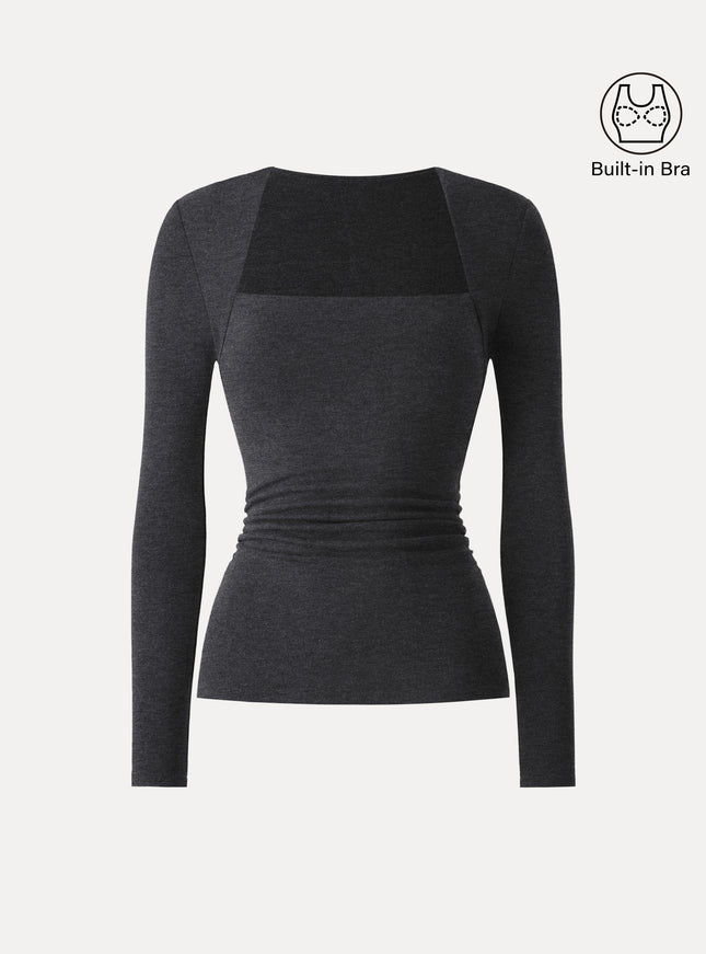 Trapeze Neck Long Sleeve Ruched Built-In Bra Top - Espresso Shut