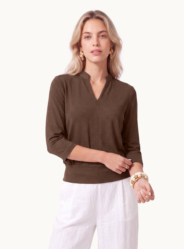 Lyocell Spacer Knit V-Neck Elbow Sleeve Banded Top