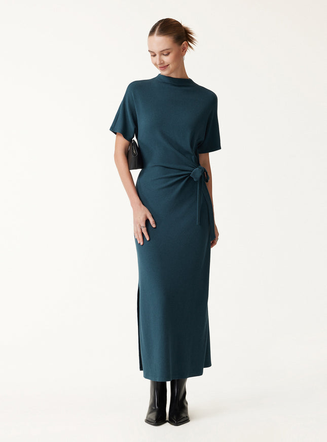 Mock Neck Elbow Sleeve Tie-Waist Midi Dress