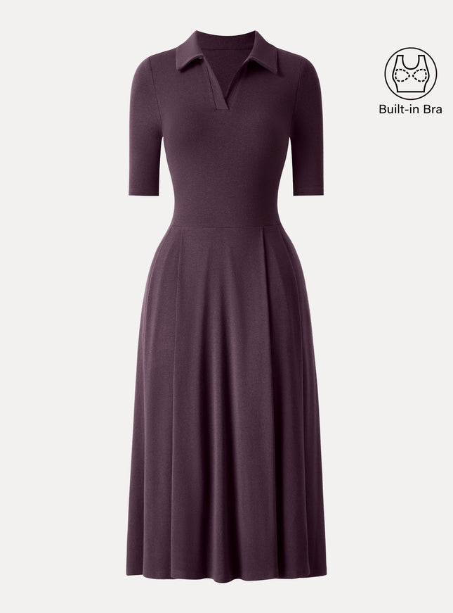 Polo Neck Elbow Length Sleeve Midi Built-In Bra Dress with Pockets